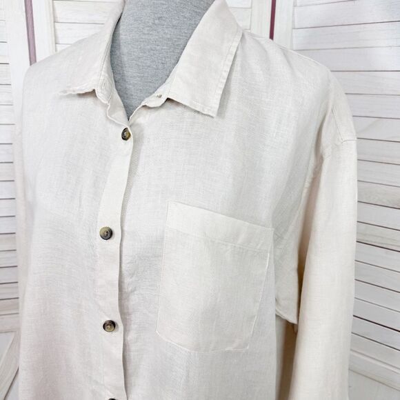 H&M Home Linen Button Up Shirt Dress Beige Tan Medium Long Sleeve Beach - Picture 5 of 12